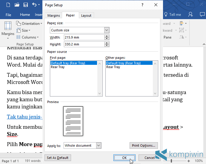 word for mac 2016 custom paper size